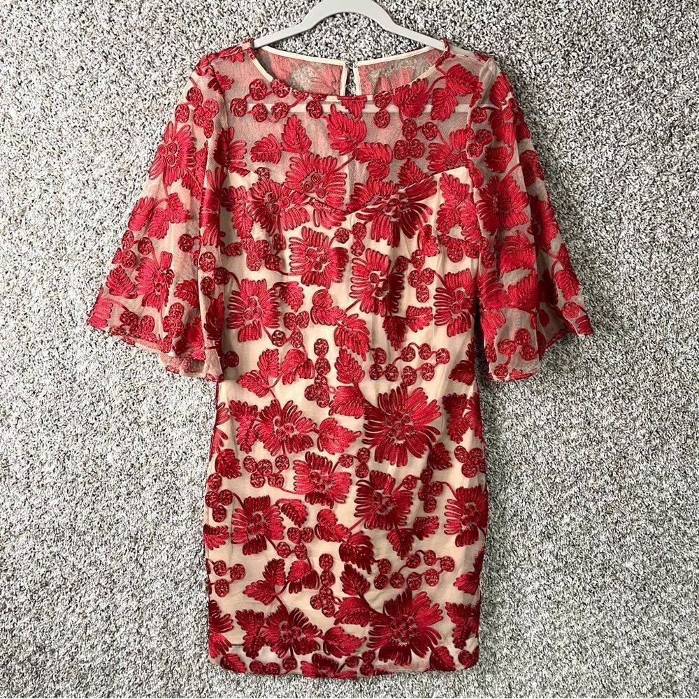 Trina Turk Dress Women’s 2 Red & Beige‎ Floral Embroidered Bell Sleeve Sheath